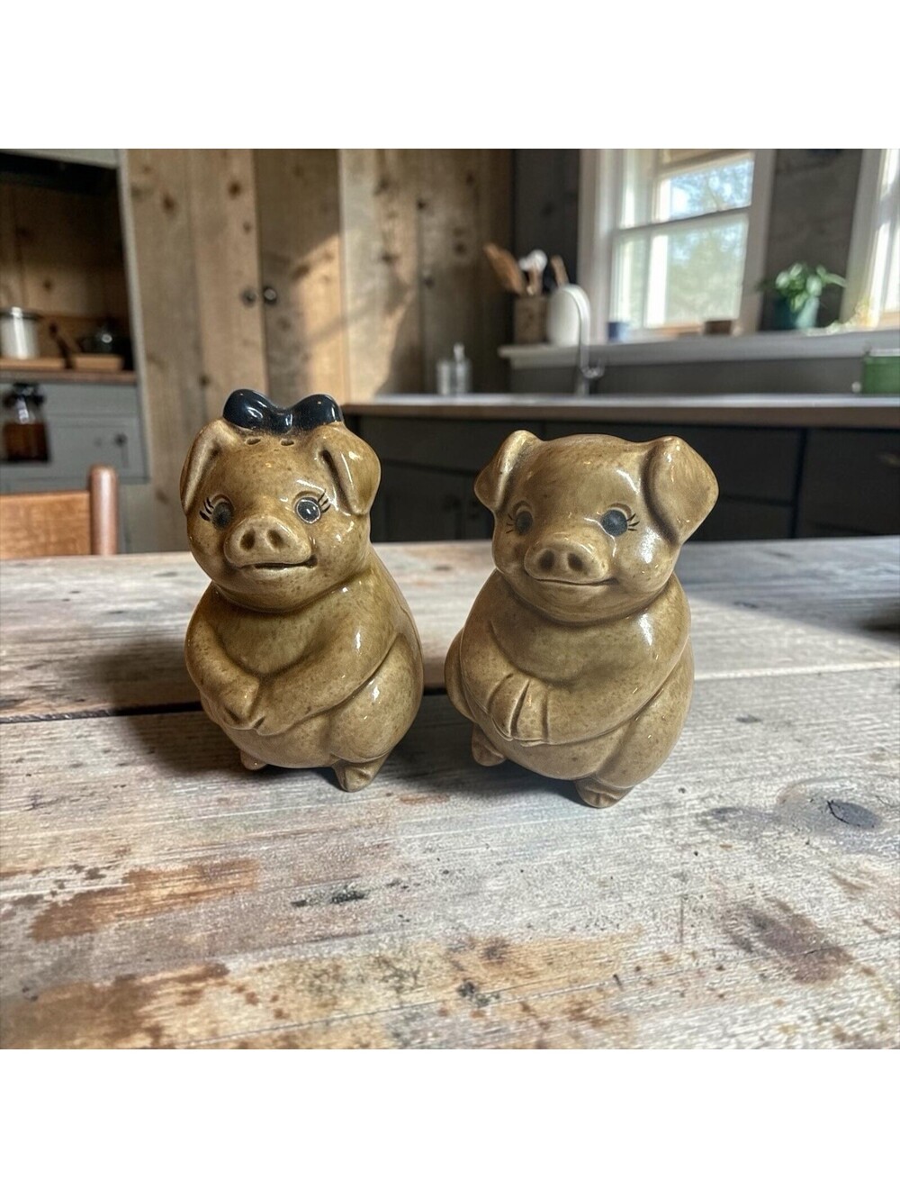 Ceramic Pig Salt & Pepper Shaker3"H  Brown w Dark Blue Bow Novelty Set of 2